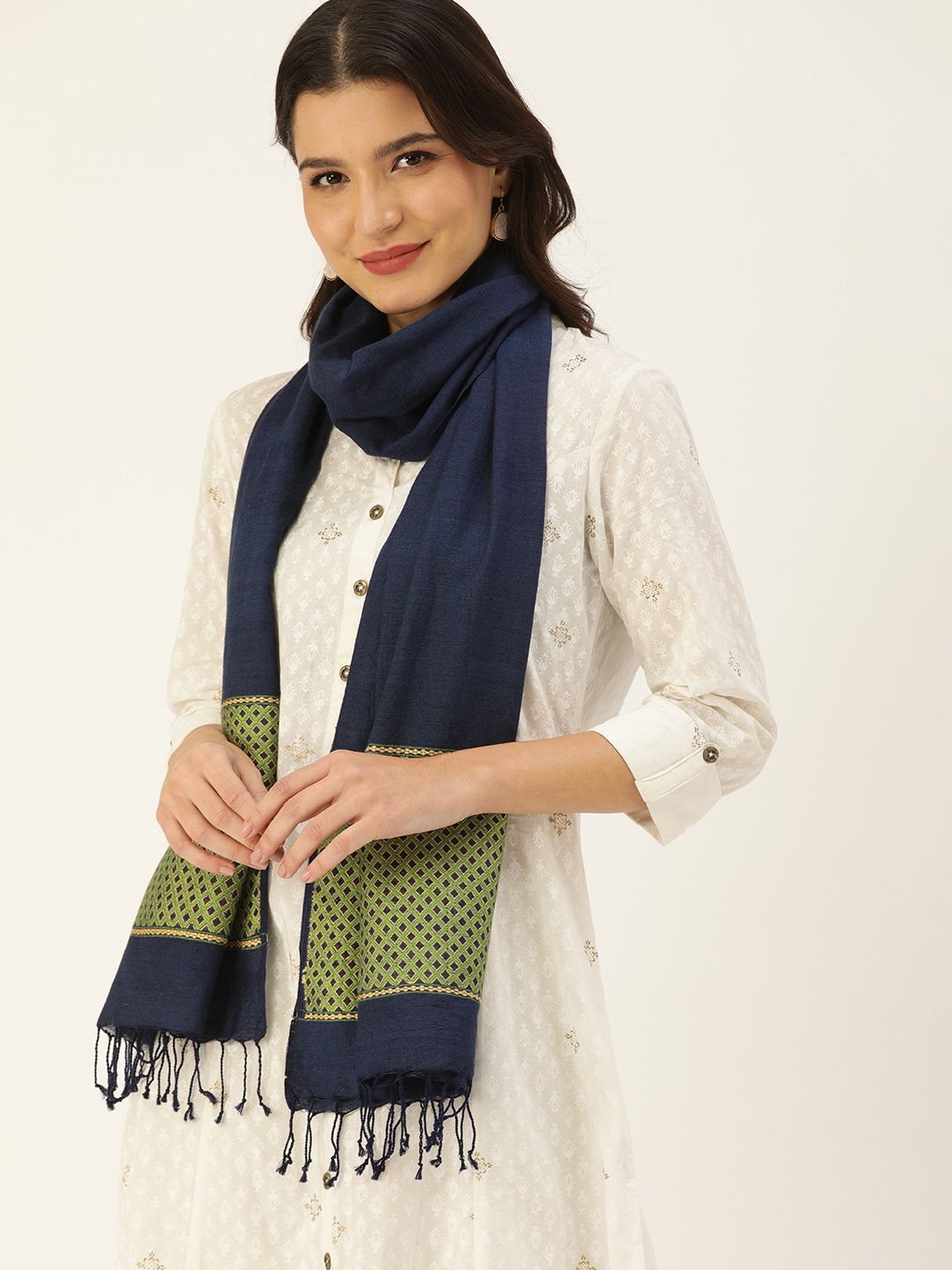 ArtEastri Women Navy Blue & Green Woven Design Cotton Eri Silk Handloom Stole Price in India