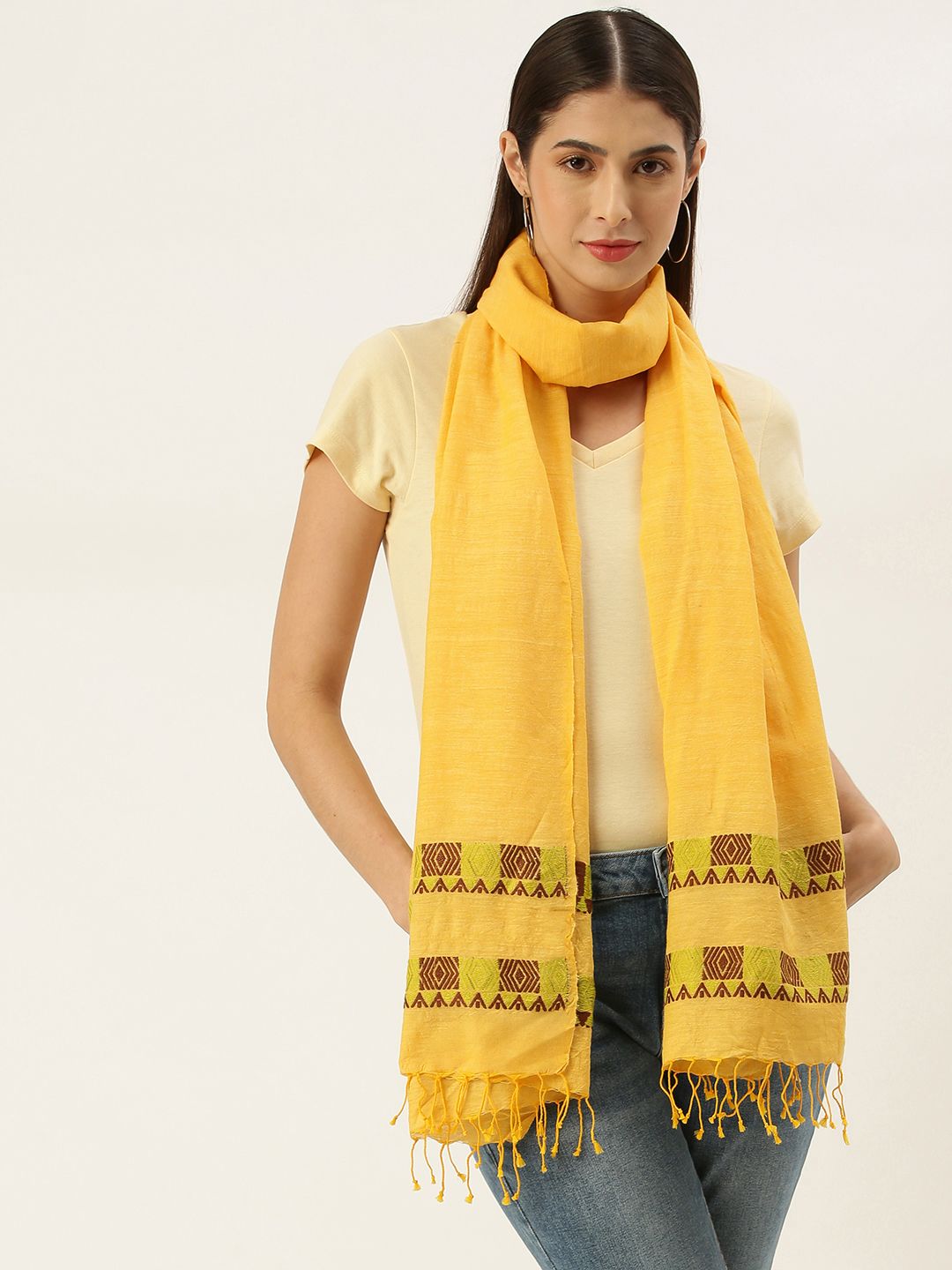 ArtEastri Women Yellow & Brown Woven Design Handloom Cotton Eri Silk Stole Price in India