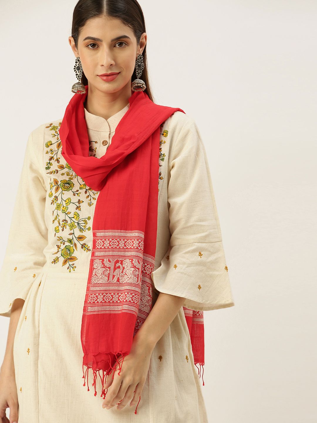 ArtEastri Women Red Woven Design Mul Cotton Baluchari Stole Price in India