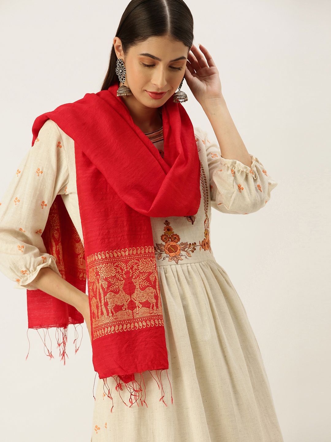 ArtEastri Women Red Woven Design Eri Silk Baluchari Weave Handloom Stole Price in India