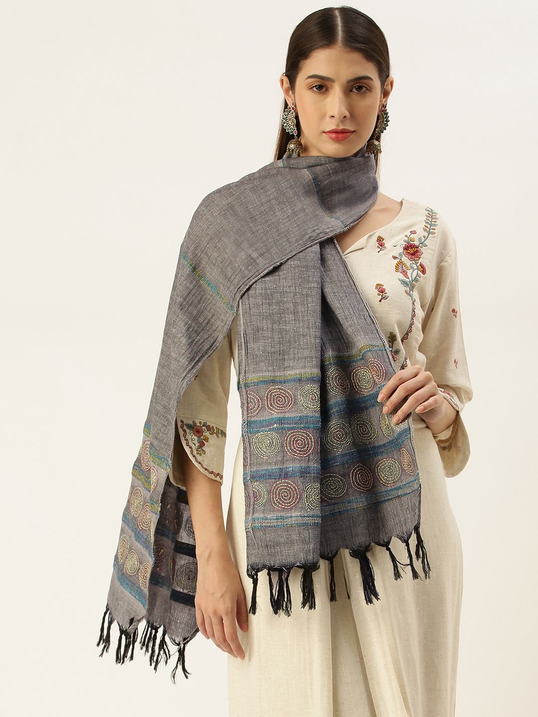 ArtEastri Women Grey Striped Pure Cotton Khesh Kantha Stitch Stole Price in India
