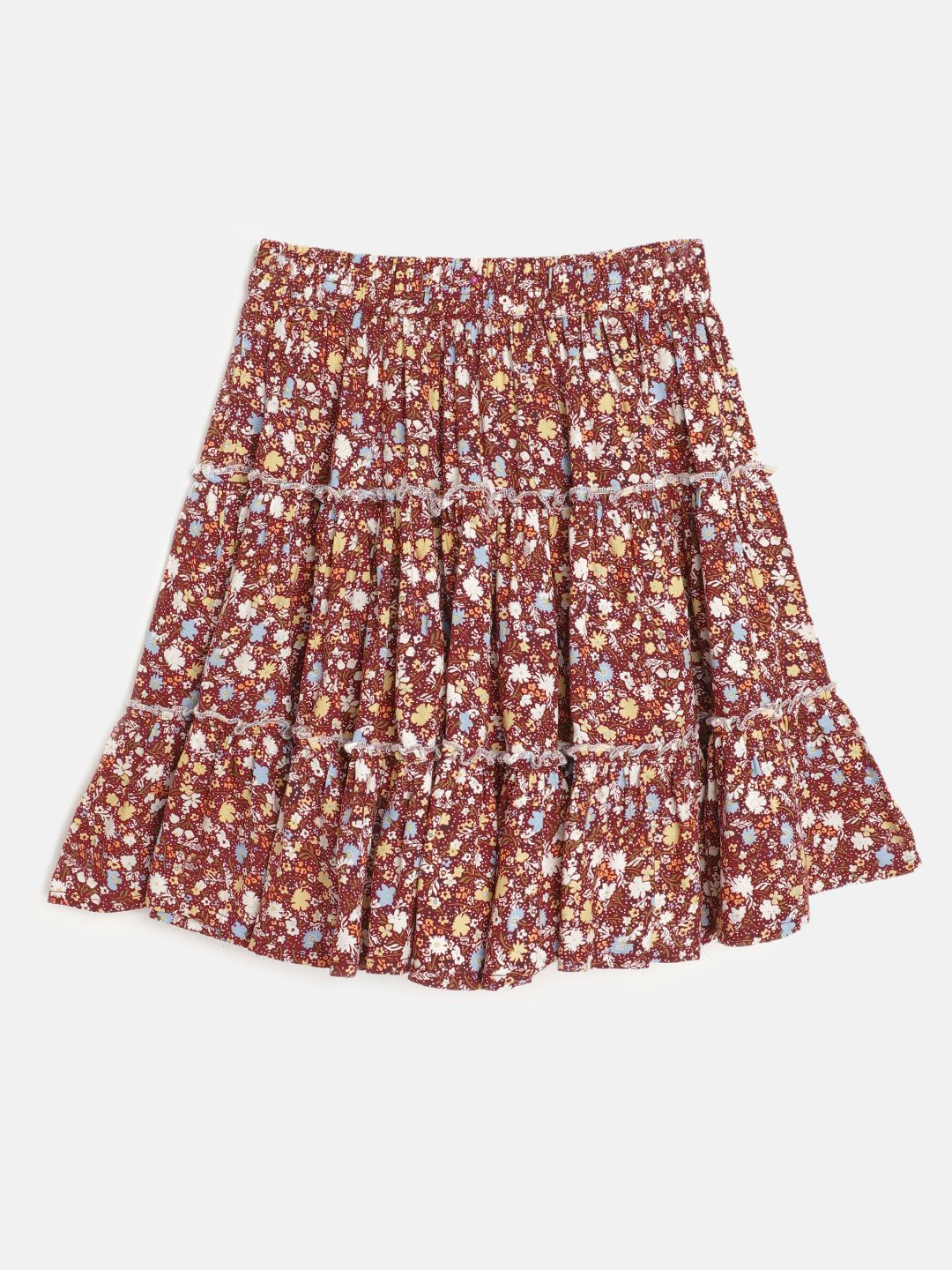 luyk Girls Maroon & Yellow Ditsy Floral Printed Tiered Skirt