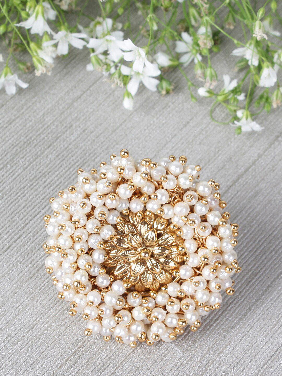 Shining Diva Gold-Plated & White Pearl Beaded Adjustable Finger Ring Price in India