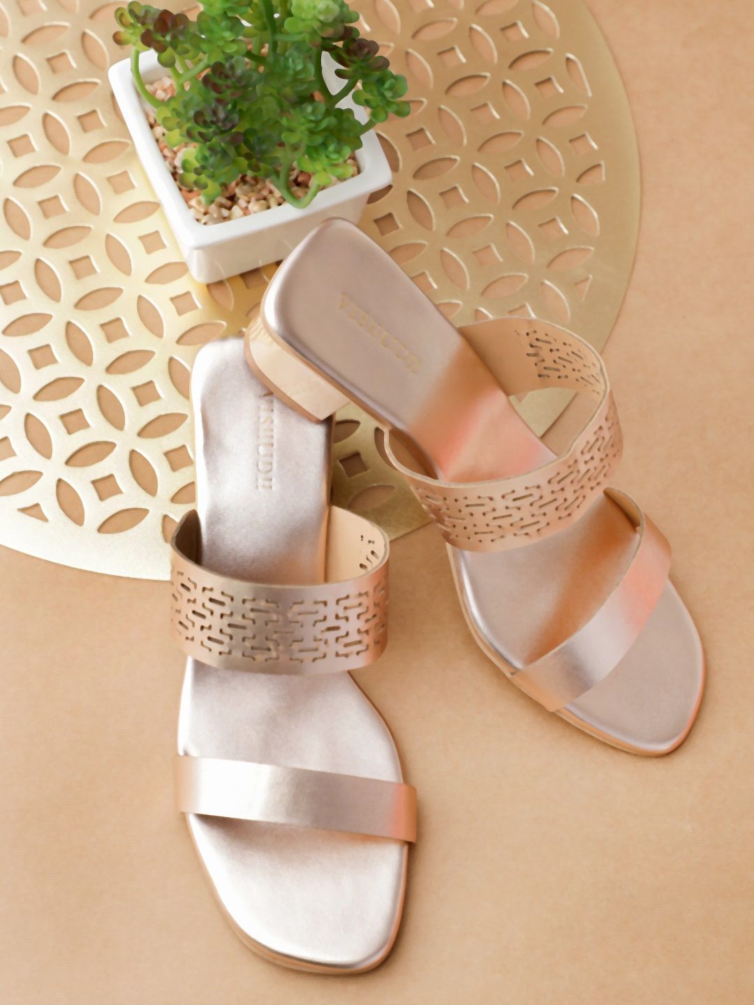 Vishudh Gold-Toned Block Sandals with Laser Cuts Price in India