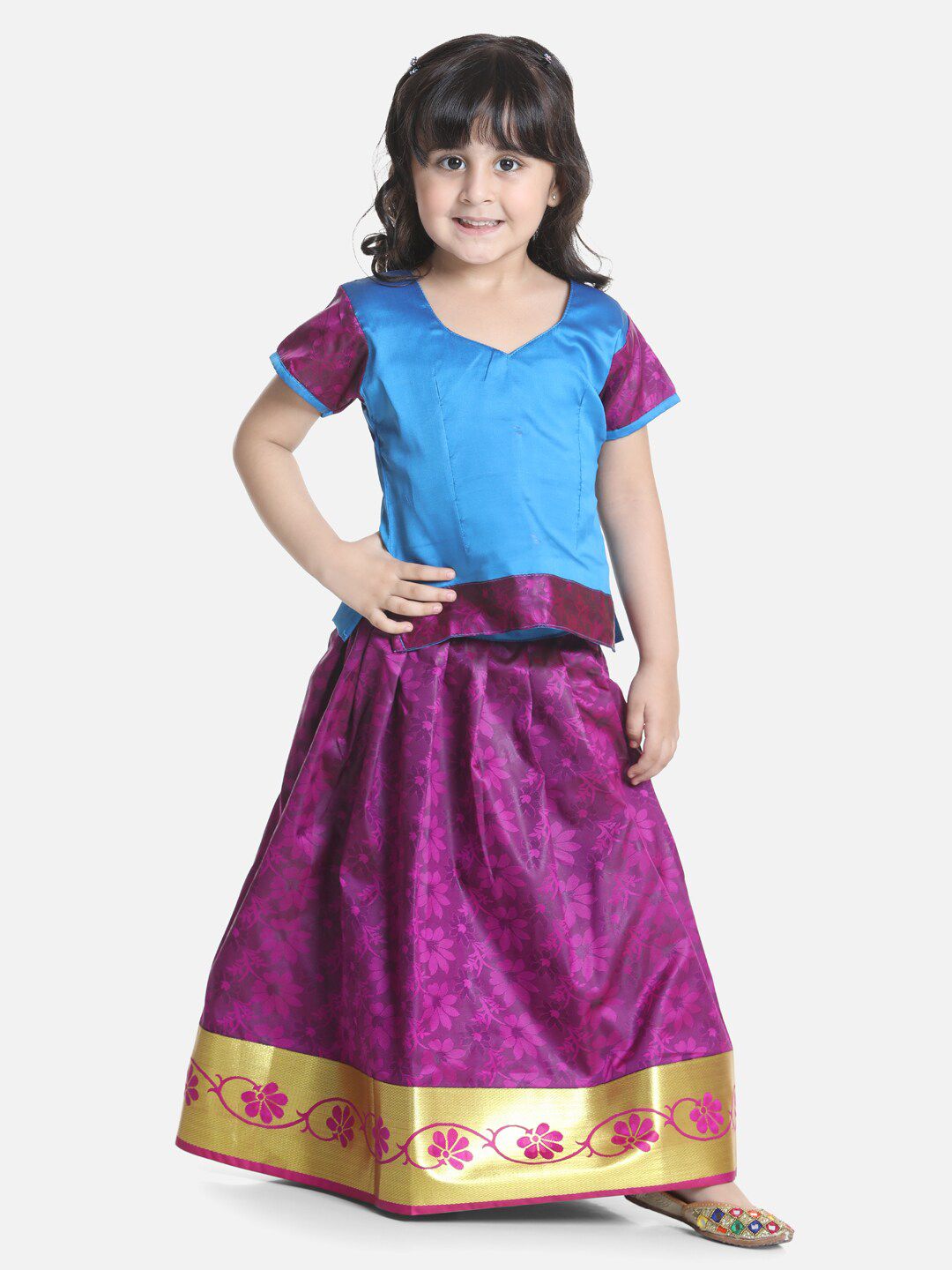 BownBee Girls Blue & Purple South Indian Pavda Pattu Lehenga