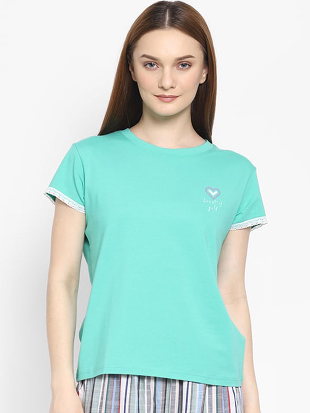 COASTLAND Women Sea Green Solid Cotton Lounge T-Shirt Price in India