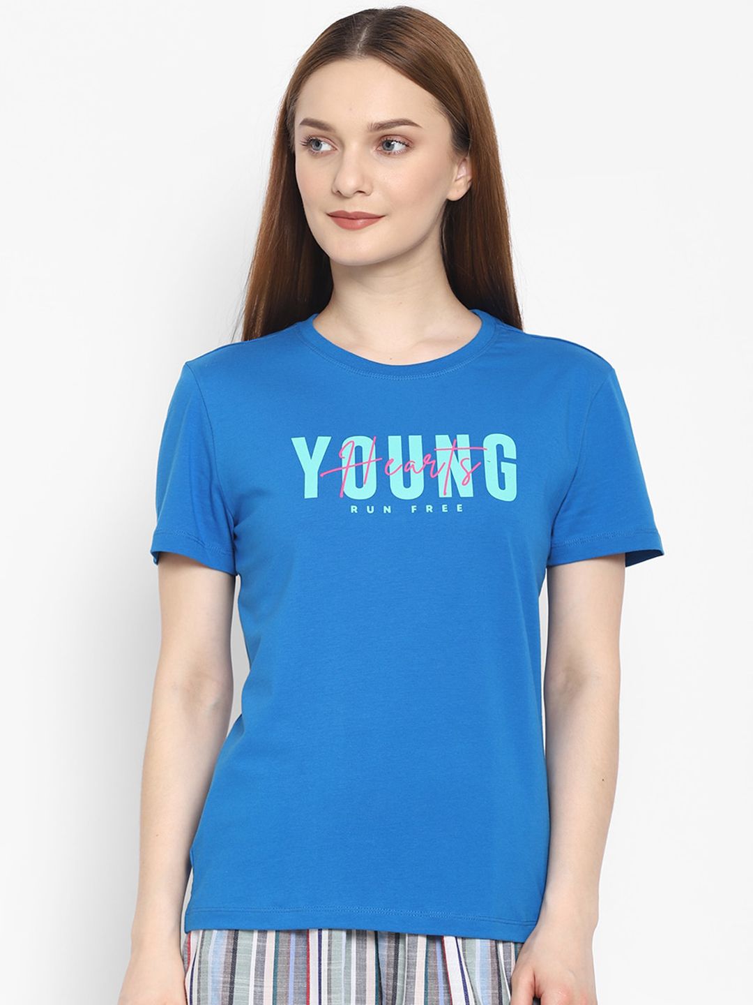 COASTLAND Women Blue & Pink Young Heart Printed Cotton Lounge T-Shirt Price in India