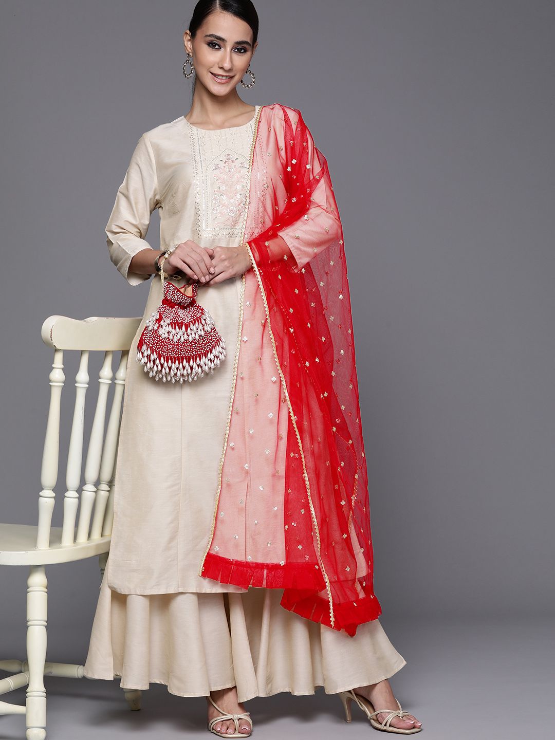 Inddus Red & Golden Sequinned Net Dupatta with Ruffled Border Price in India