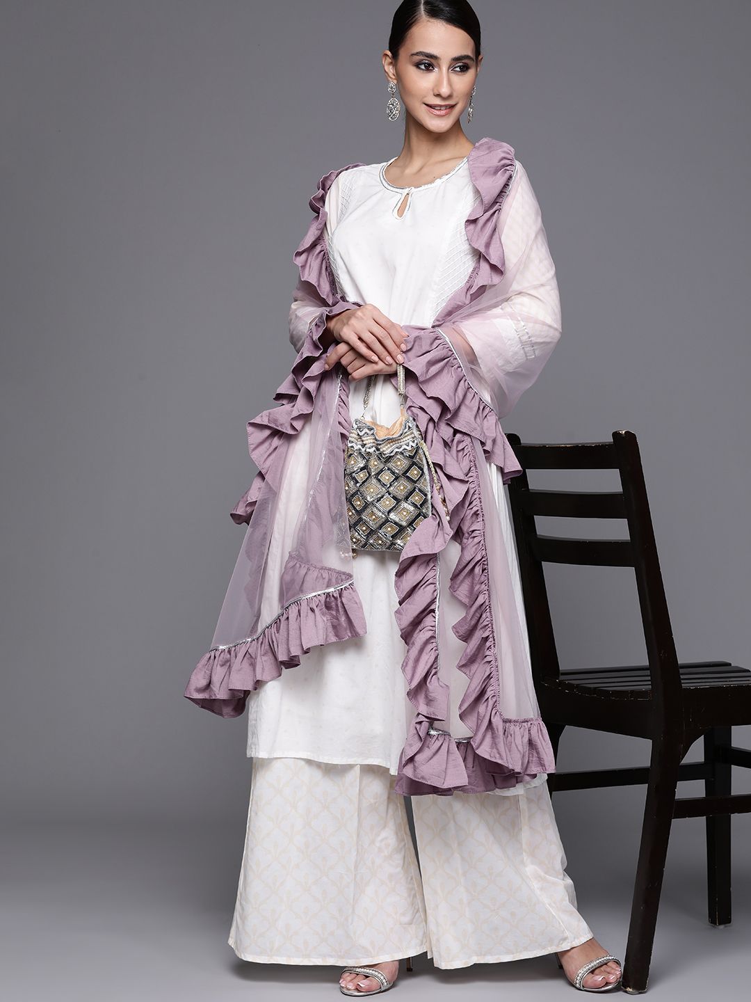 Inddus Mauve Solid Net Dupatta with Ruffled Border Price in India
