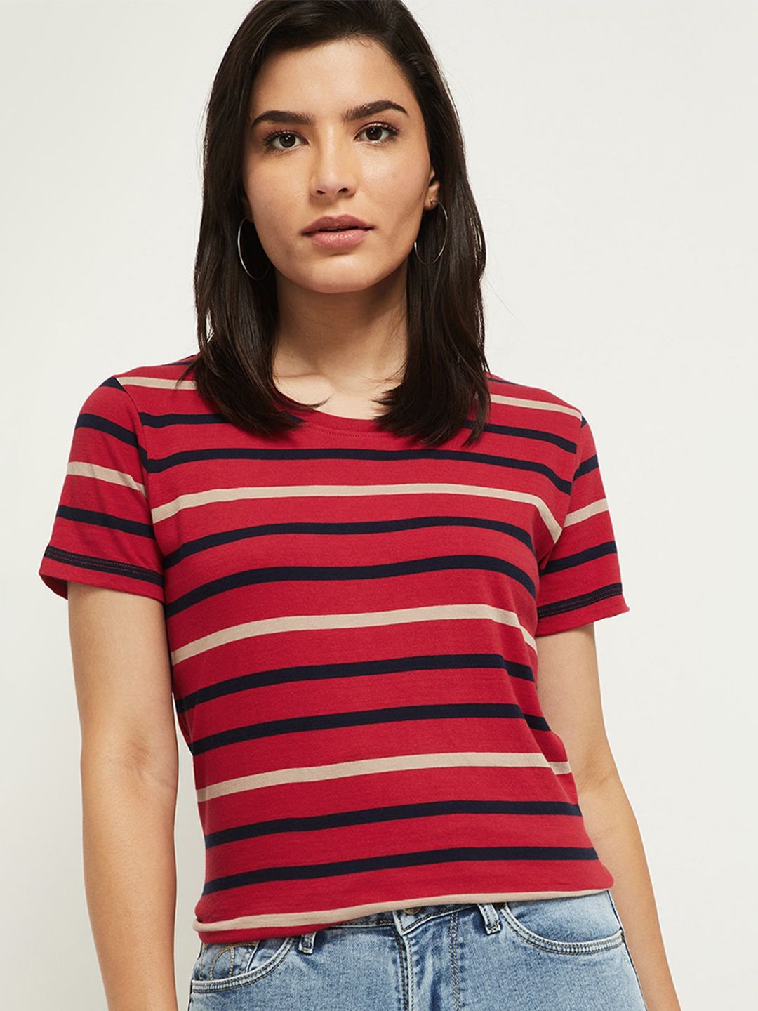 max Women Red & Black Striped Round Neck T-shirt