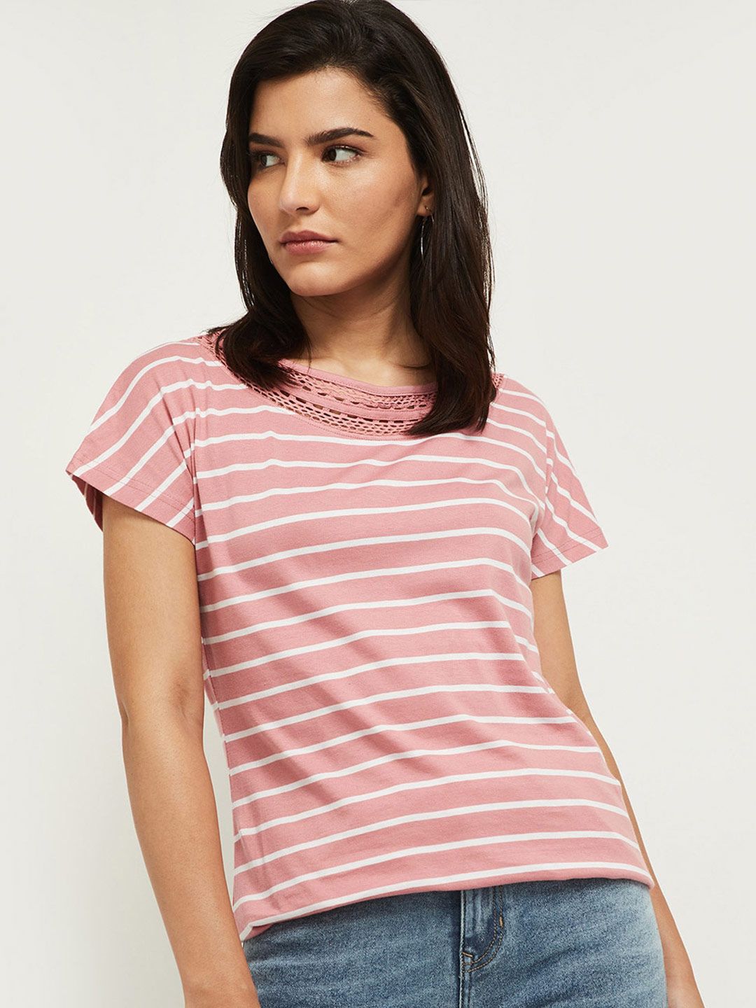 max Women Pink Striped Lace Insert Neck Extended Sleeves T-shirt