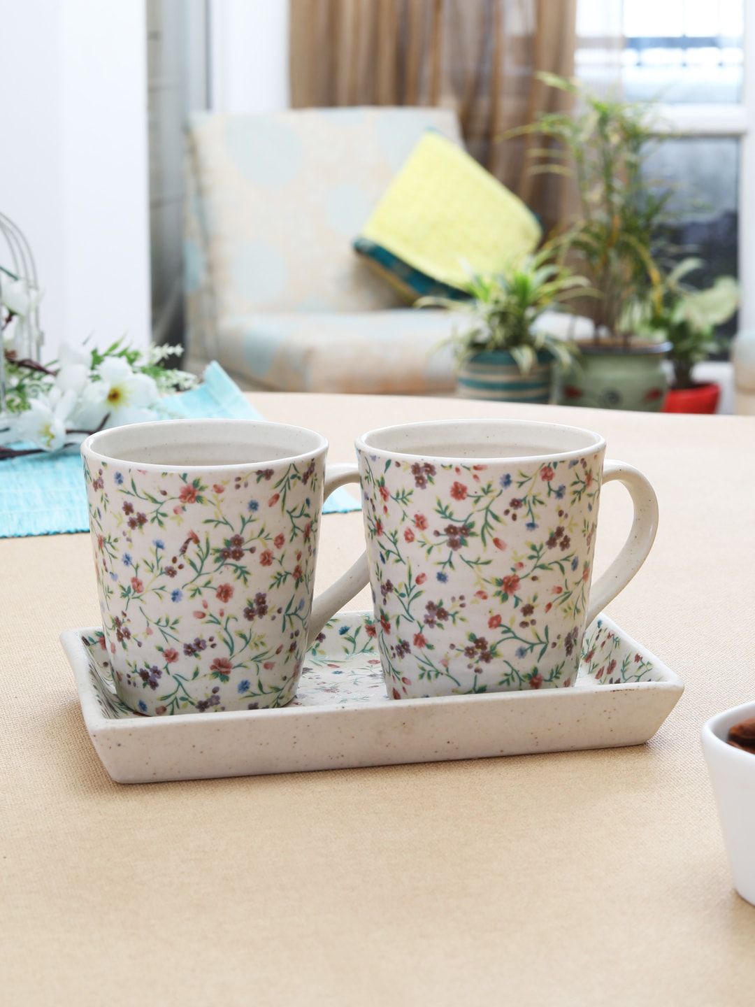MIAH Decor Cream-Coloured & Green 3 Pieces Floral Printed Ceramic Glossy Mugs With Platter Price in India