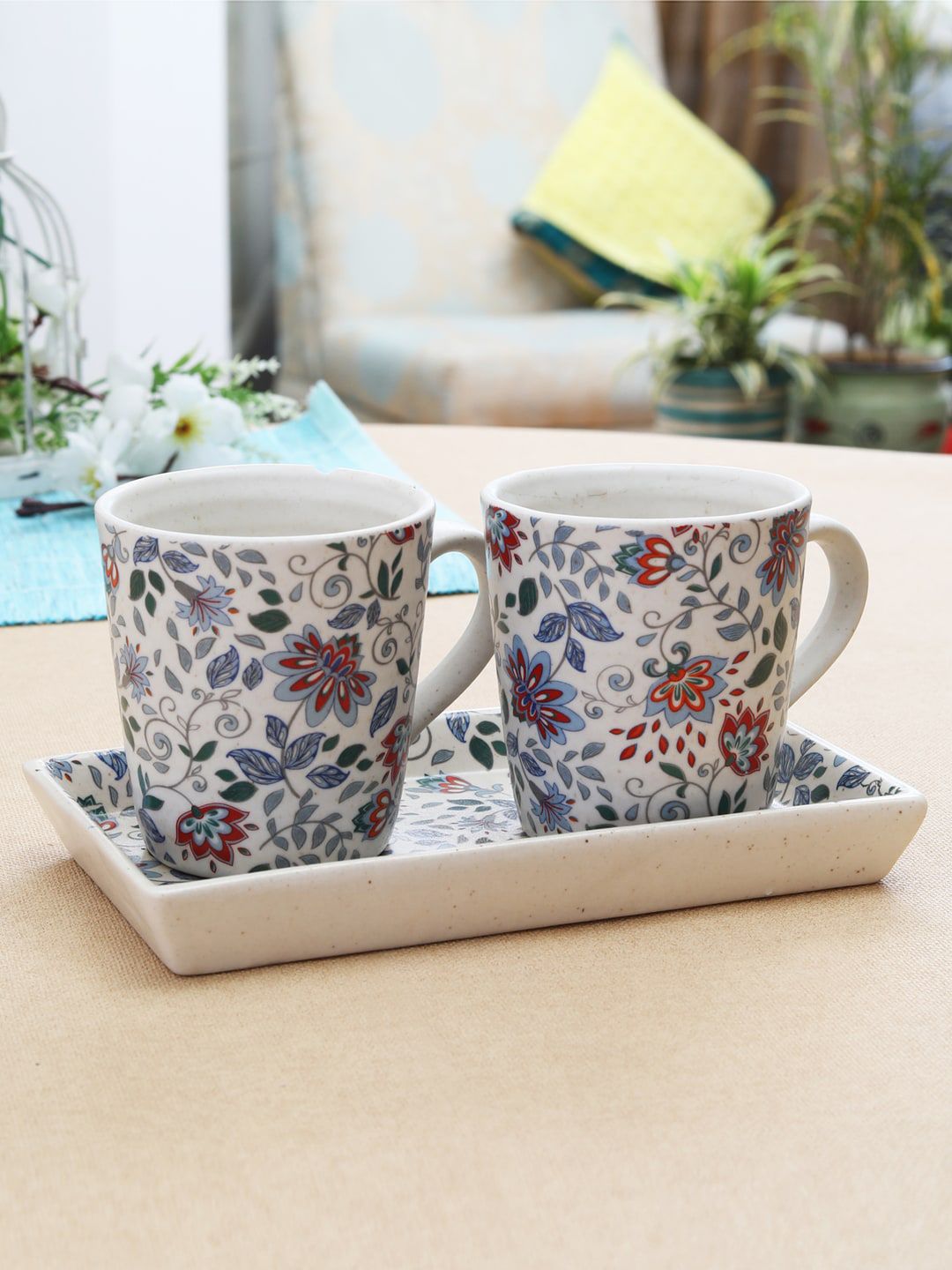 MIAH Decor Cream-Coloured & Grey Handcrafted Printed Ceramic Matte Set of 3 Mugs & Tray Price in India
