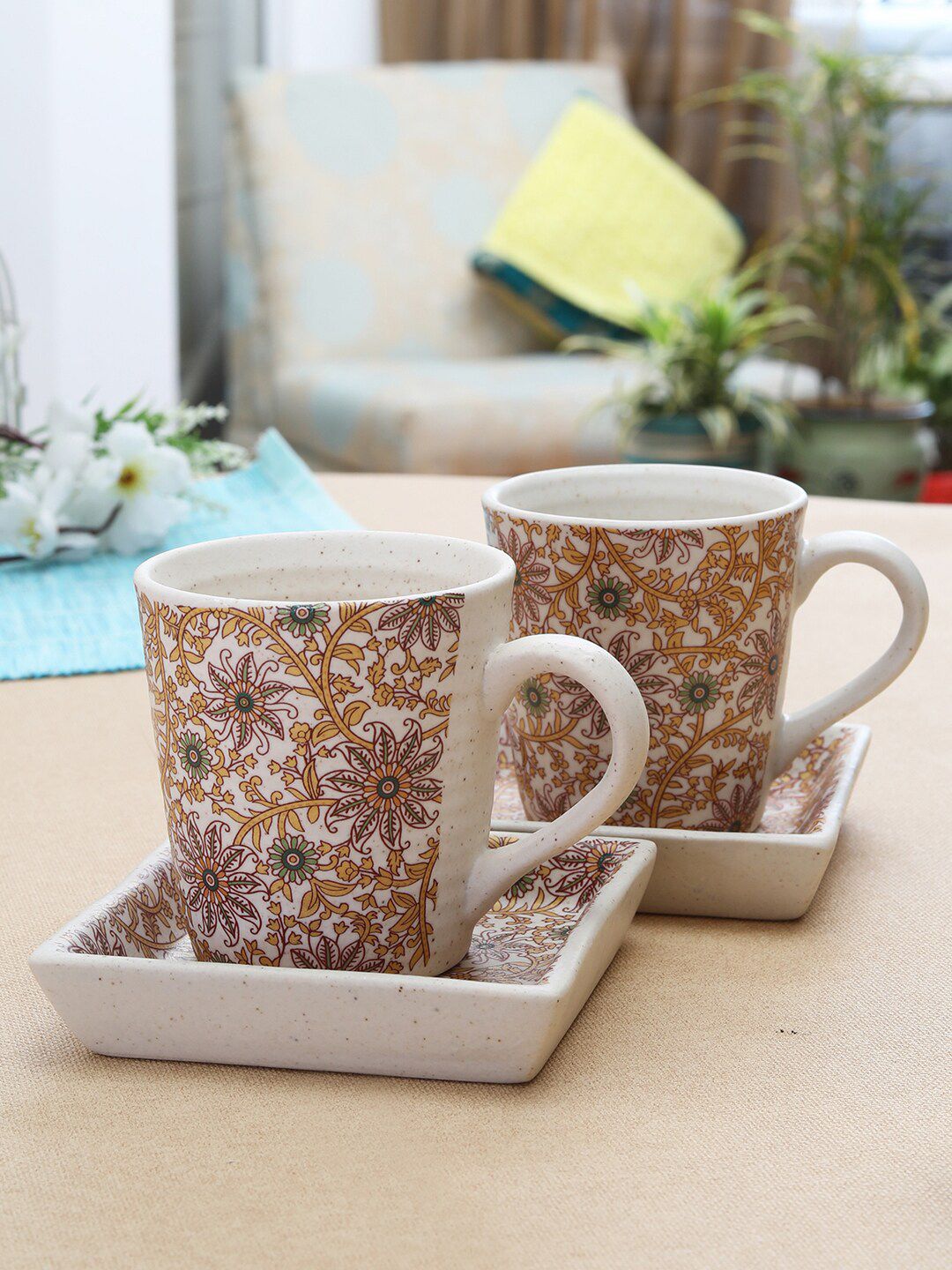 MIAH Decor Set Of 4 White & Yellow Handcrafted & Hand Painted Stoneware Mugs & Platters Price in India