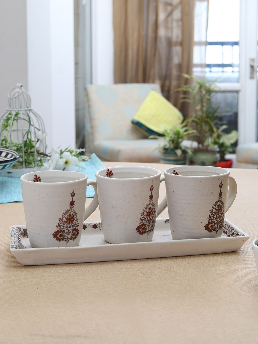 MIAH Decor Set Of 4 Cream-Coloured & Brown Hand Painted Stoneware Matte Mugs & Platter Price in India