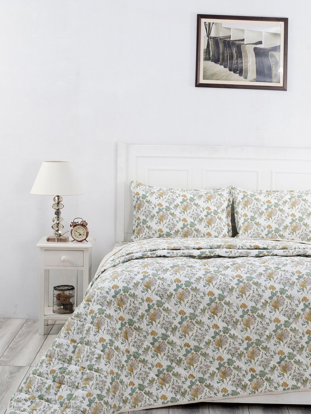 In-House by maspar White & Yellow Floral 110 GSM Bedding Set with Pillow Covers Price in India
