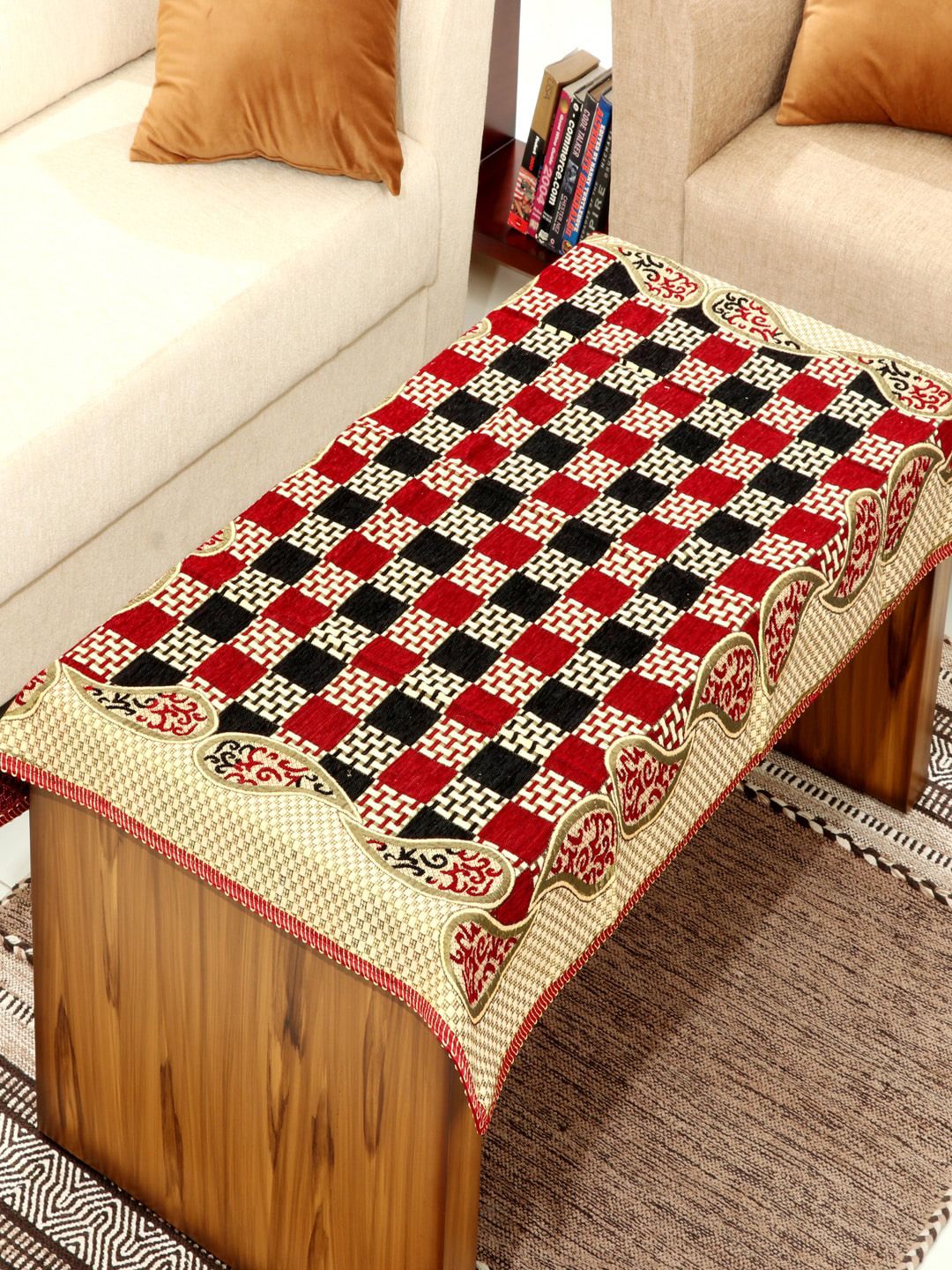 BELLA TRUE Red & Black Checked Chenille Rectangle Table Cover Price in India