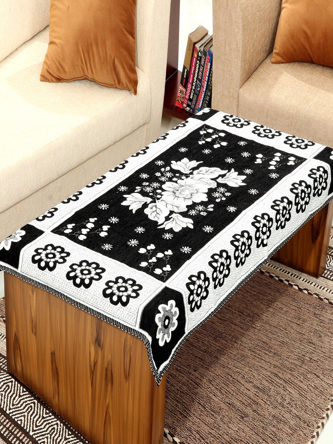 BELLA TRUE Black & White Floral Woven-Design Rectangular Table Cover Price in India