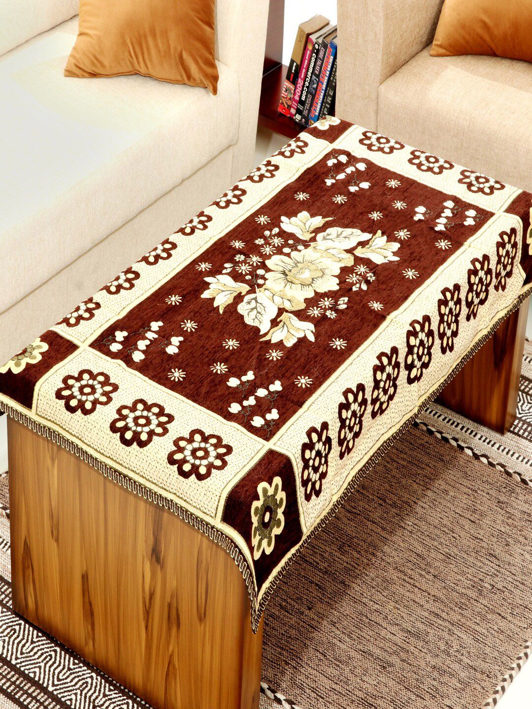 BELLA TRUE Brown & Beige Woven-Design Rectangular Table Cover Price in India
