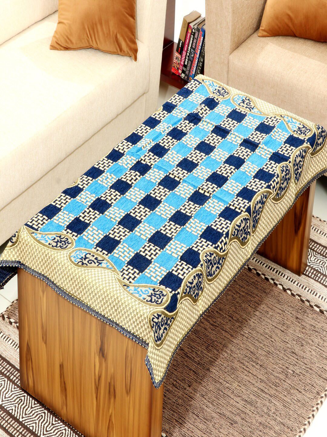 BELLA TRUE Blue & Beige Checked Rectangular Table Cover Price in India