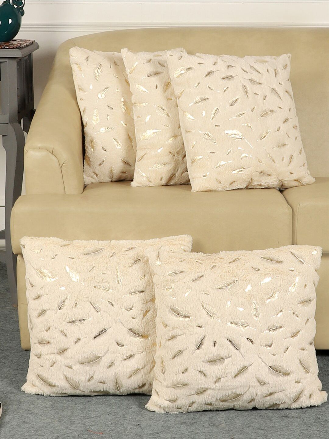 MFD HOME FURNISHING Cream-Coloured & Gold-Toned Set of 5 Embellished Velvet Square Cushion Covers Price in India