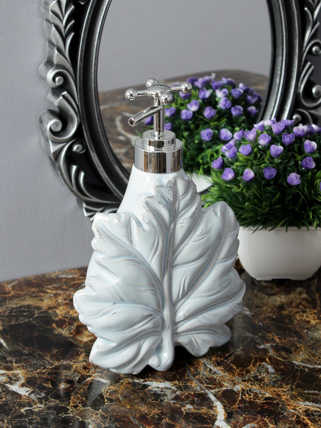 A Vintage Affair- Home Decor White & Silver-Toned Solid Maple Leaf Liquid Soap Dispenser Price in India