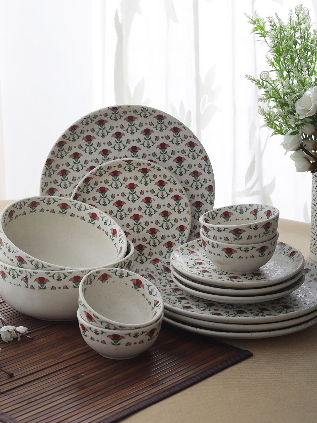 MIAH Decor Cream-Coloured & Red 14 Pieces Handcrafted and Hand Painted Printed Stoneware Matte Dinner Set Price in India