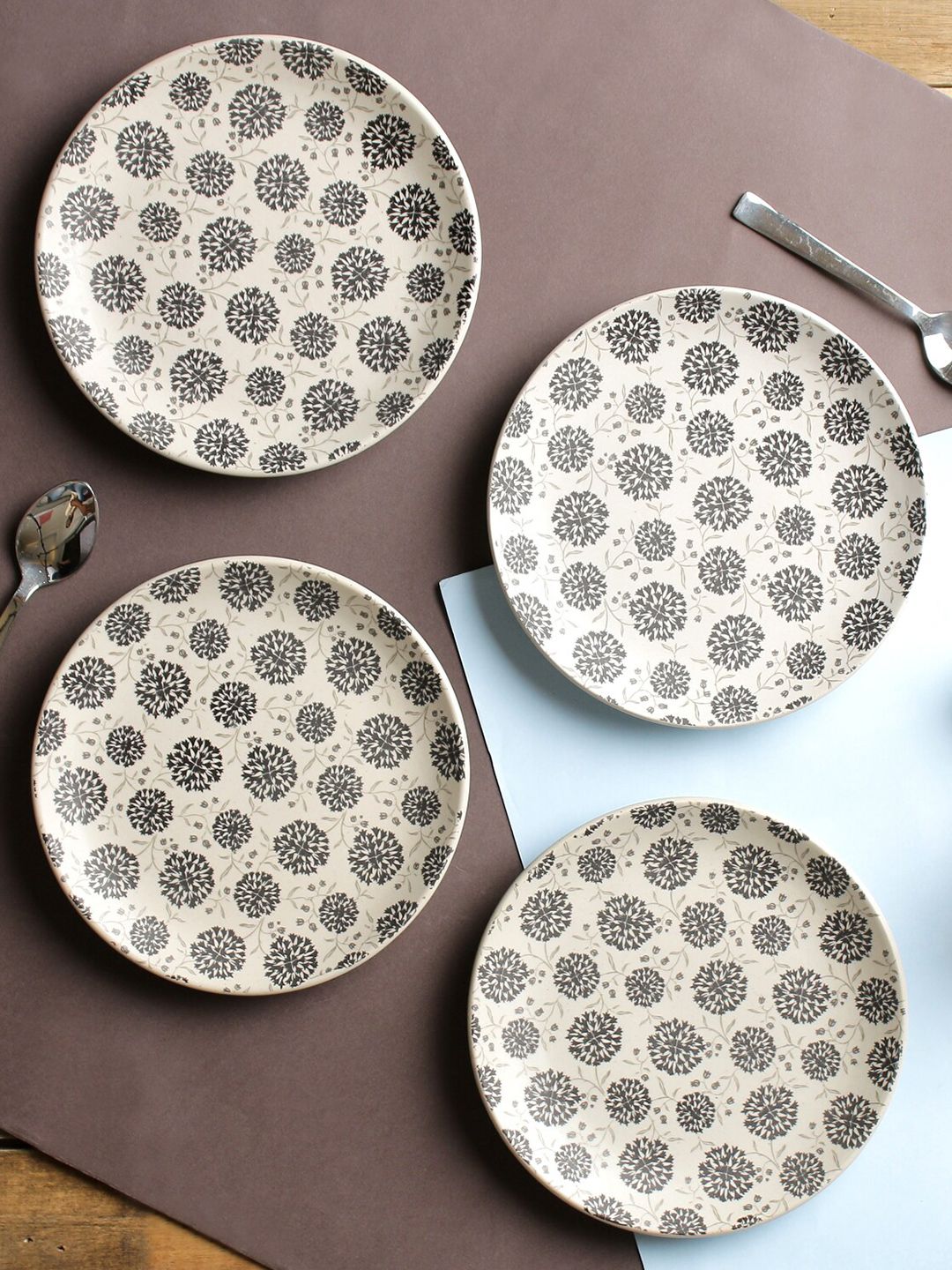 MIAH Decor Cream-Coloured & Black 4 Pieces Handcrafted & Hand Painted Stoneware Plates Price in India