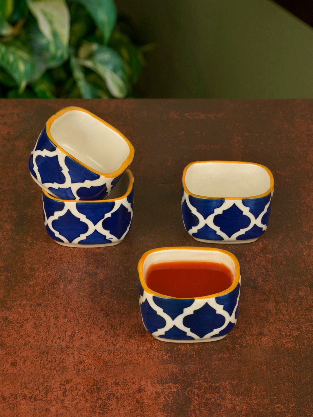 StyleMyWay Set Of 4 Blue & White Handpainted Ceramic Square Dip Bowls Price in India
