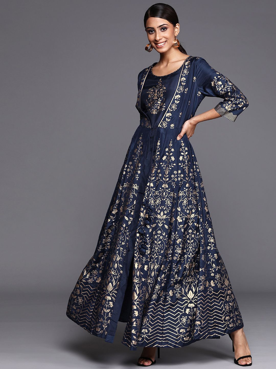 Biba Navy Blue & Golden Floral Print Maxi Dress Price in India