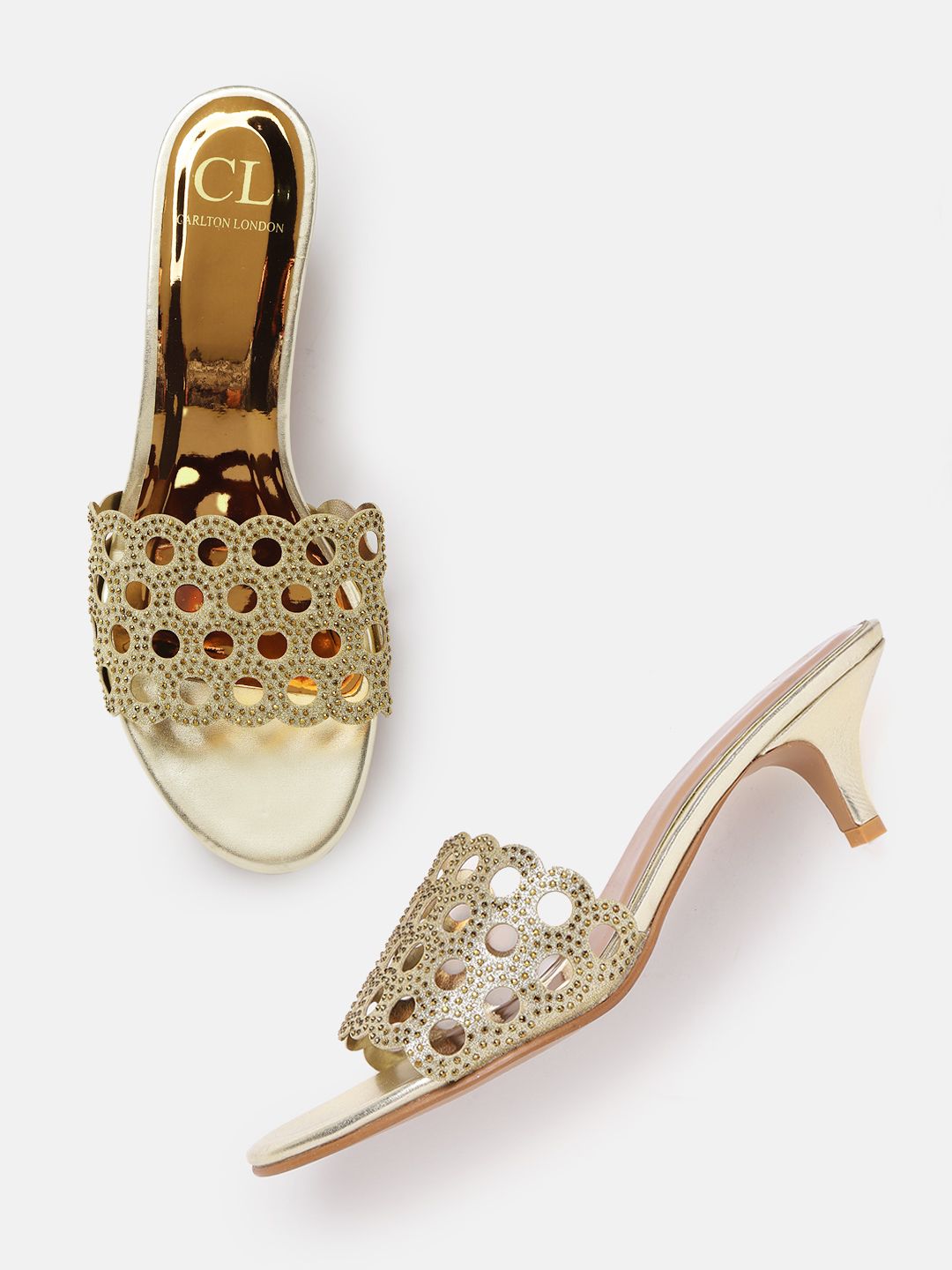 Carlton London Gold-Toned Embellished Kitten Heels with Cut Work Detail Price in India