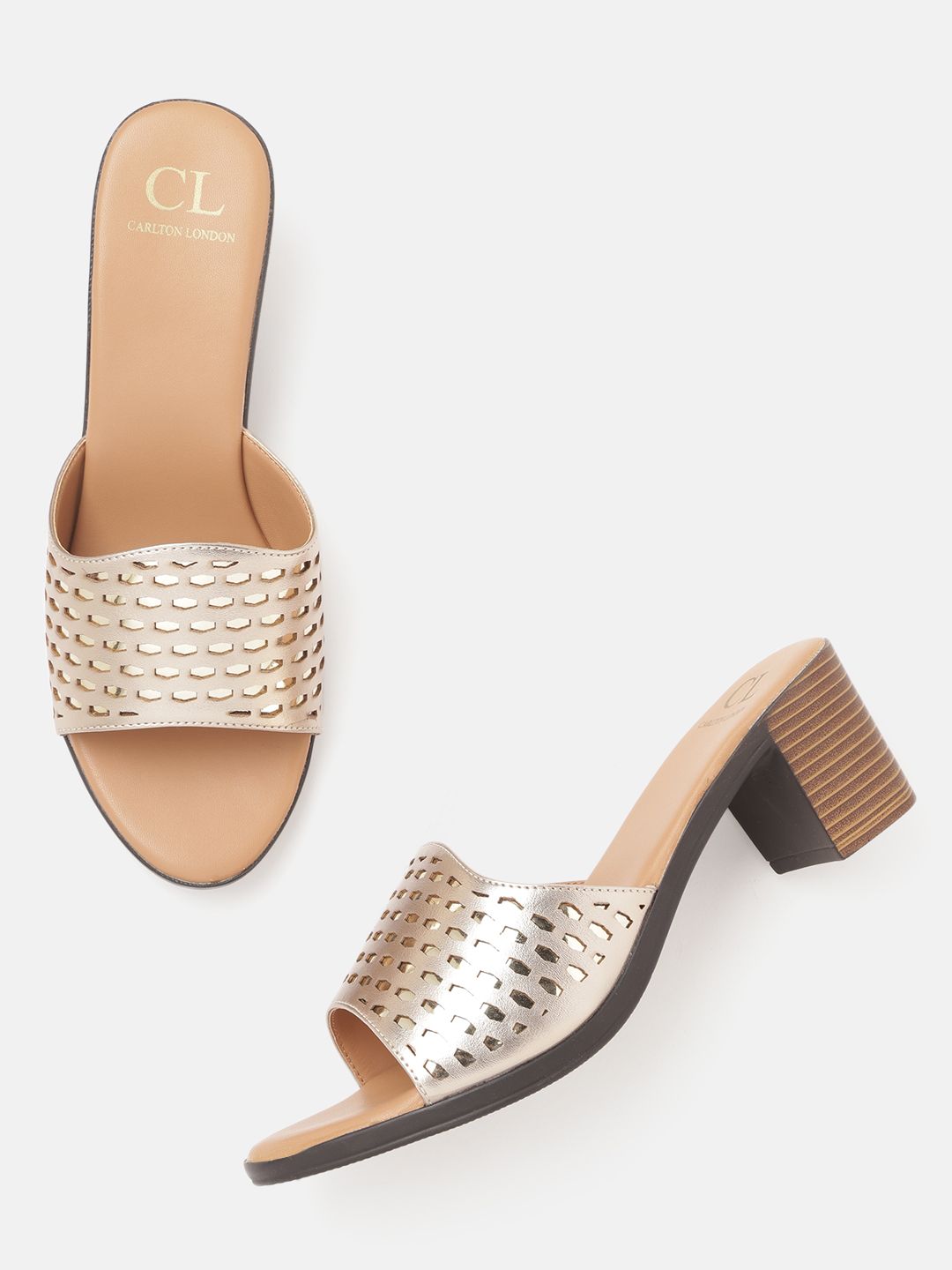 Carlton London Muted Gold-Toned Laser Cuts Block Heels Price in India