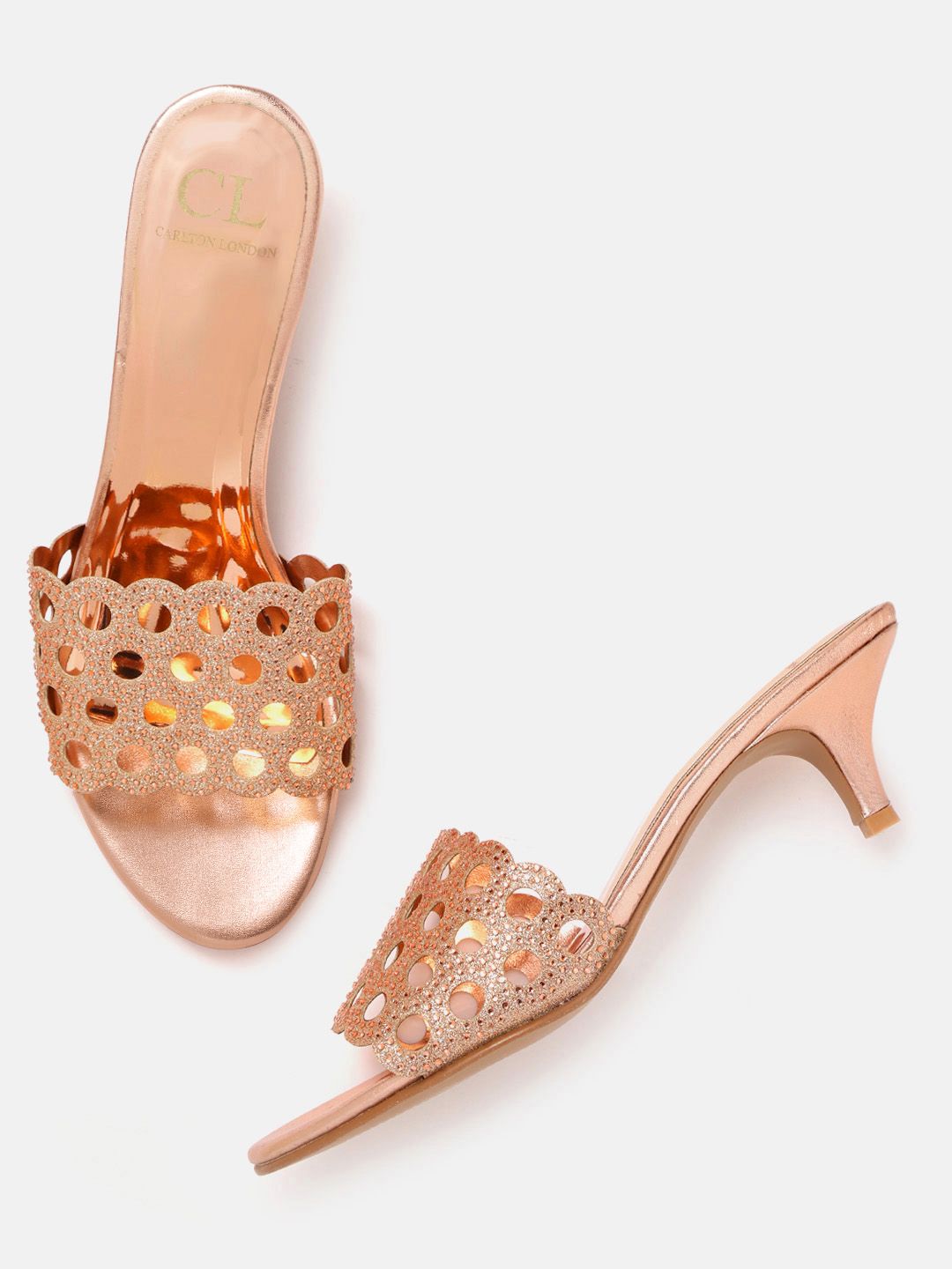 Carlton London Rose Gold-Toned Embellished Kitten Heels with Cut Work Detail Price in India
