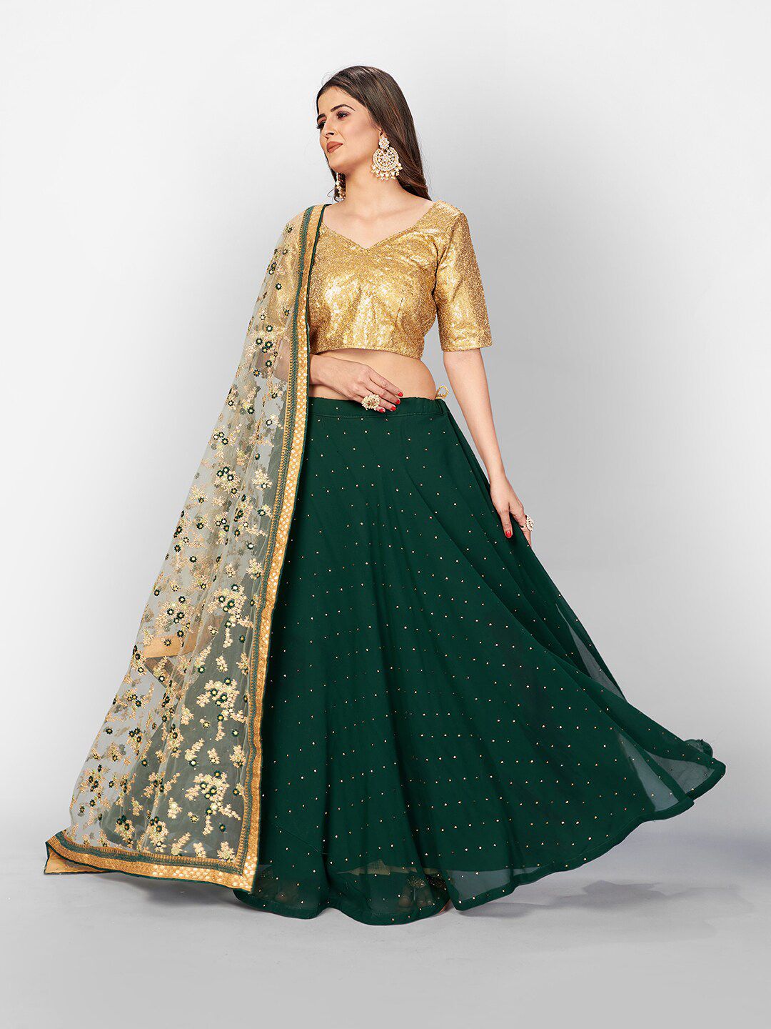SHOPGARB Green & Gold-Toned Sequinned Semi-Stitched Lehenga & Unstitched Blouse With Dupatta Price in India