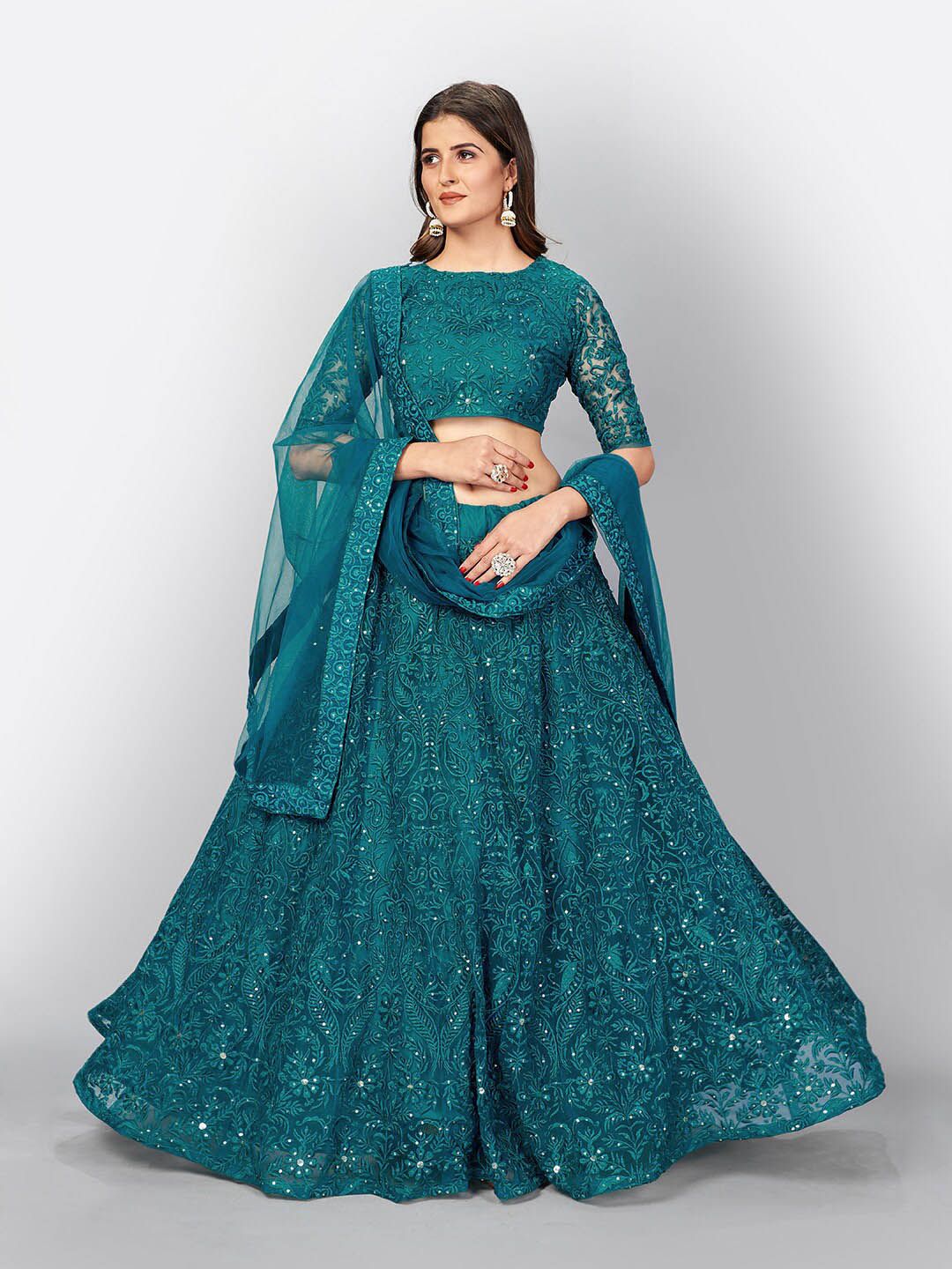 SHOPGARB Blue Embroidered Sequinned Semi-Stitched Lehenga Choli Price in India