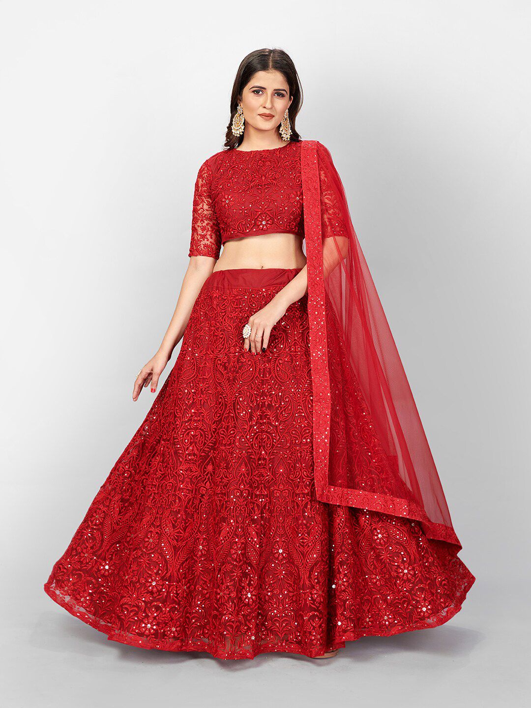 SHOPGARB Red Embroidered Sequinned Semi-Stitched Lehenga & Unstitched Blouse With Dupatta Price in India