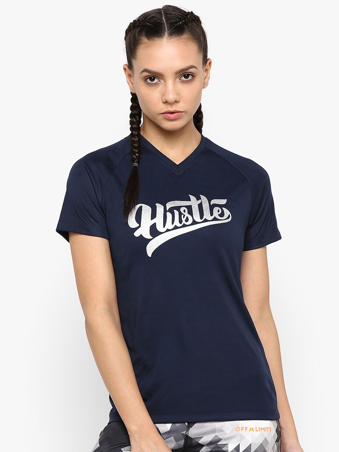 OFF LIMITS Women Navy Blue Typography Printed V-Neck Slim Fit Sports T-shirt Price in India