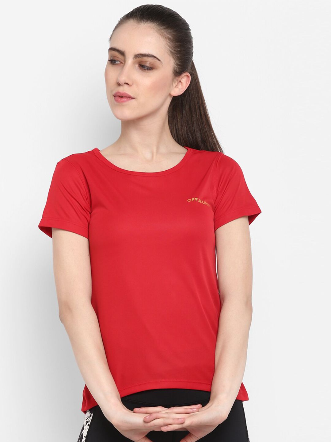 OFF LIMITS Women Red Slim Fit High Low Sports T-shirt Price in India