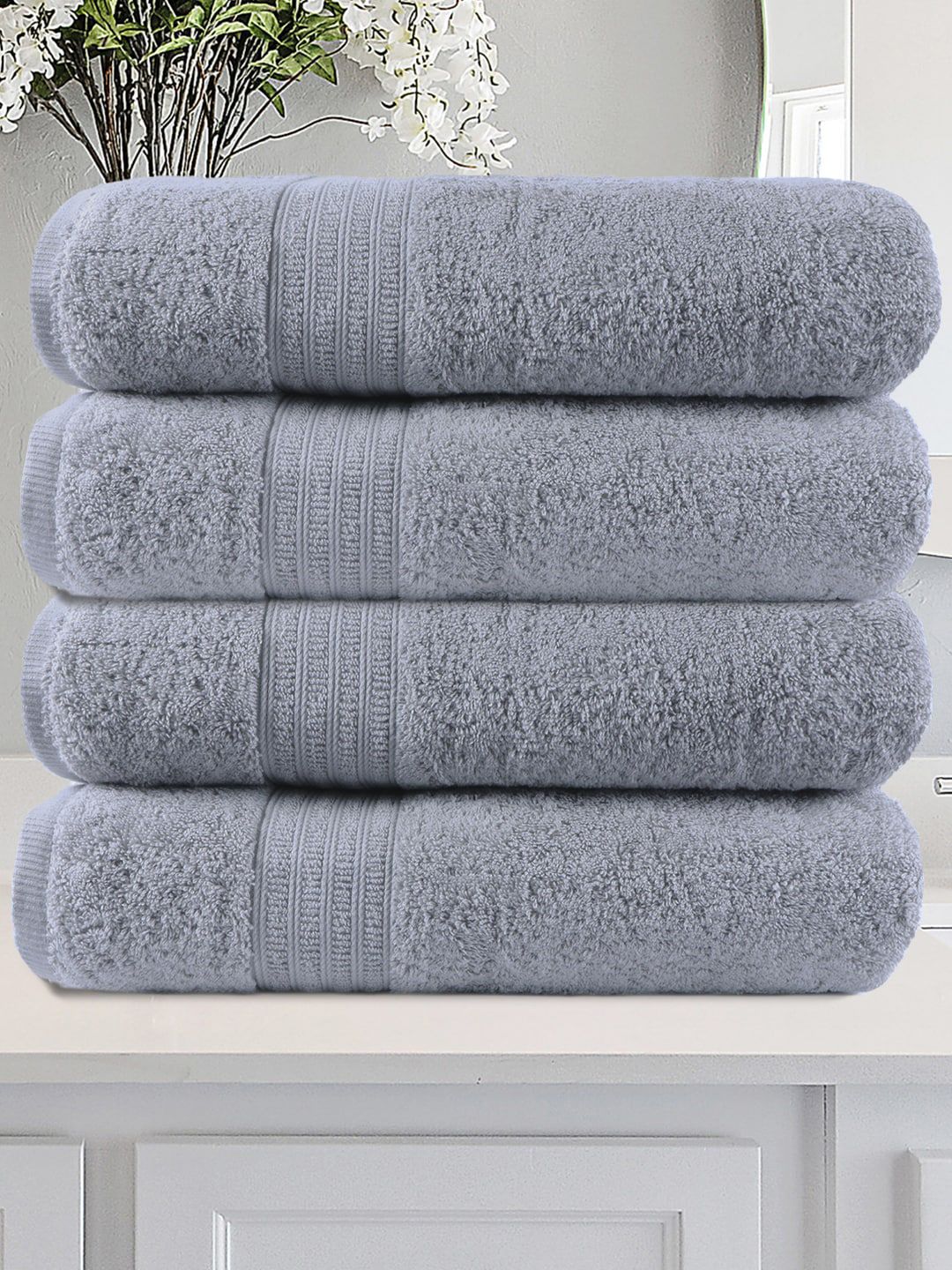 Trident Set Of 4 Grey Pure Cotton 550 GSM Bath Towels Price in India