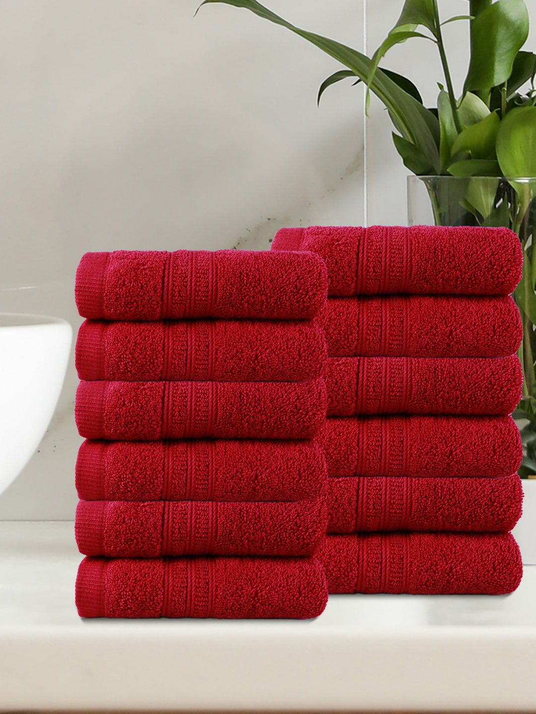 Trident Red 12-Pieces Solid Pure Cotton 550 GSM Face Towel Set Price in India
