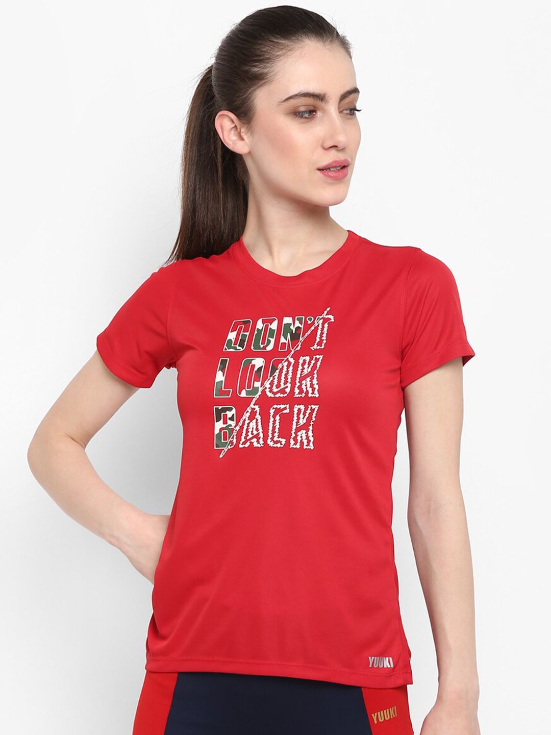 Yuuki Women Red Typography Printed Slim Fit T-shirt Price in India