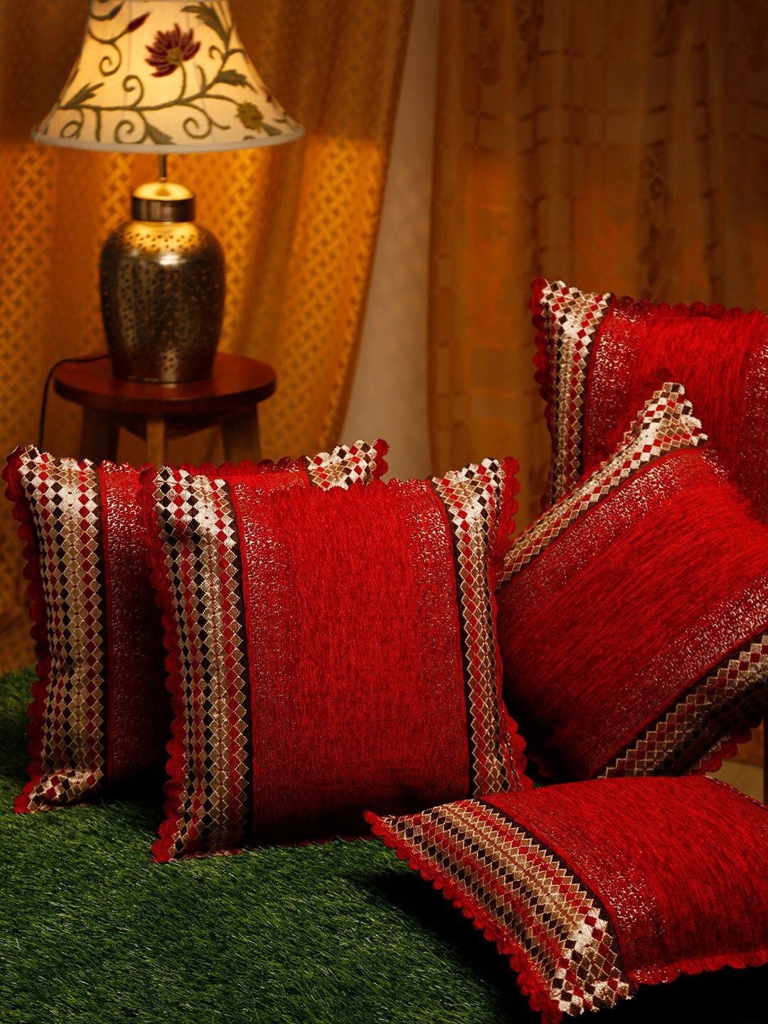 HOSTA HOMES Red & White Set of 5 Embroidered Velvet Square Cushion Covers Price in India