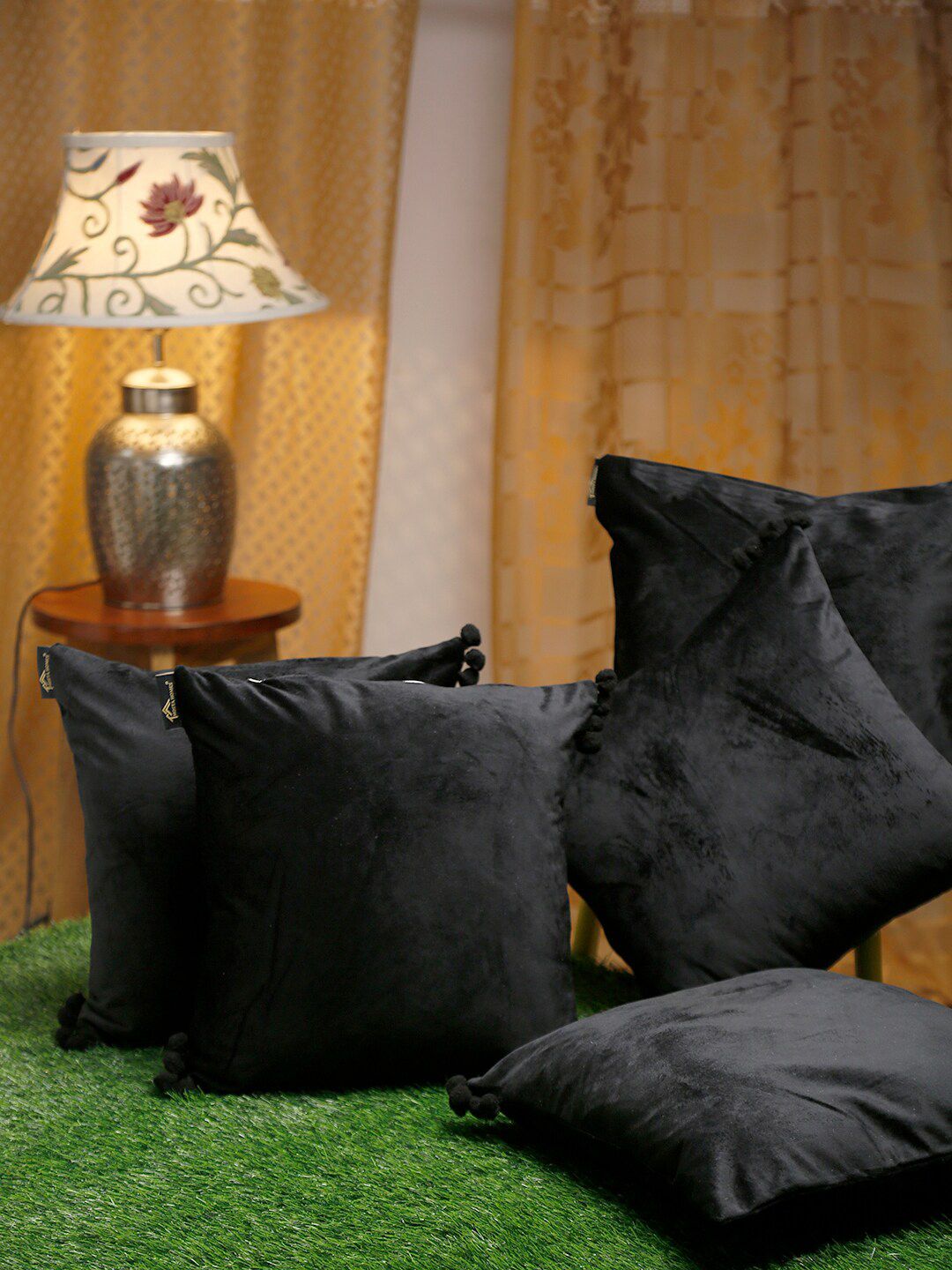 HOSTA HOMES Black Set of 5 Velvet Square Cushion Covers Price in India