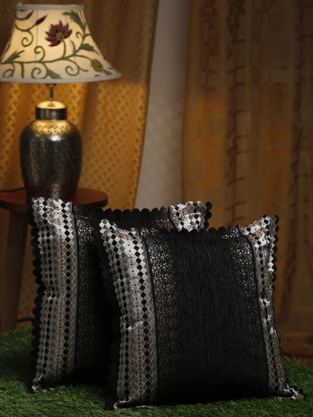 HOSTA HOMES Black & Grey Set of 2 Geometric Velvet Square Cushion Covers Price in India