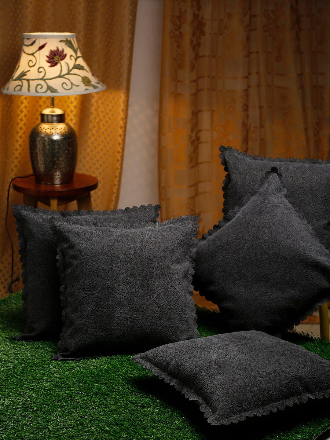 HOSTA HOMES Black Set of 5 Ethnic Motifs Velvet Square Cushion Covers Price in India