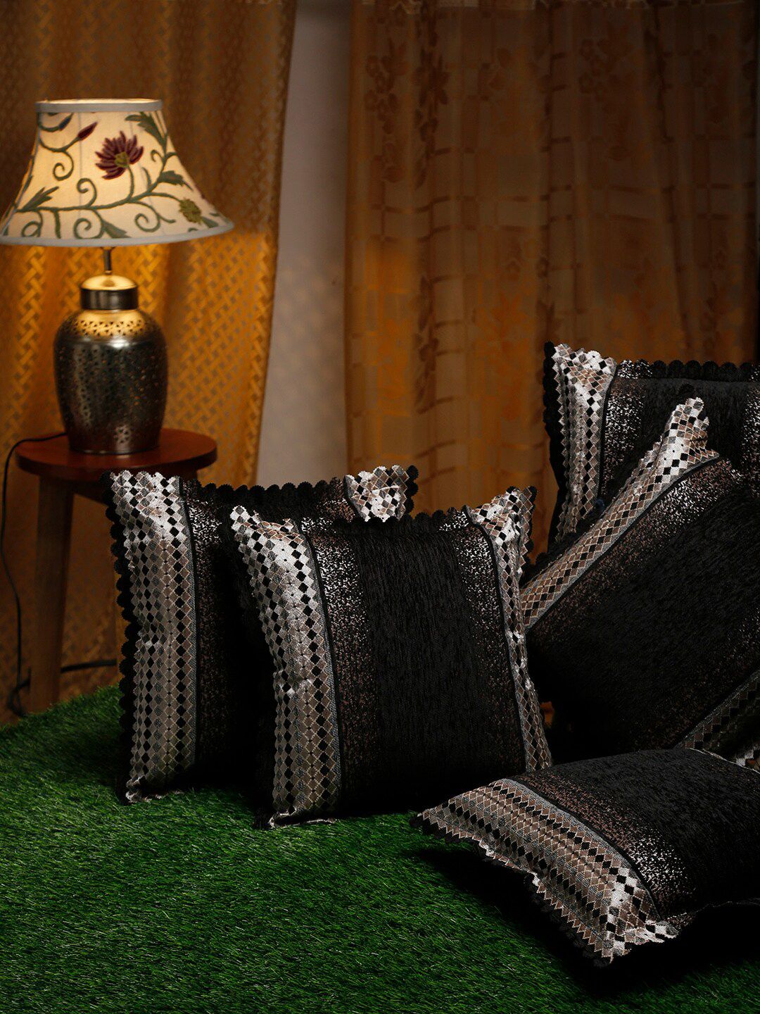 HOSTA HOMES Black & Silver-Toned Set of 5 Velvet Square Cushion Covers Price in India