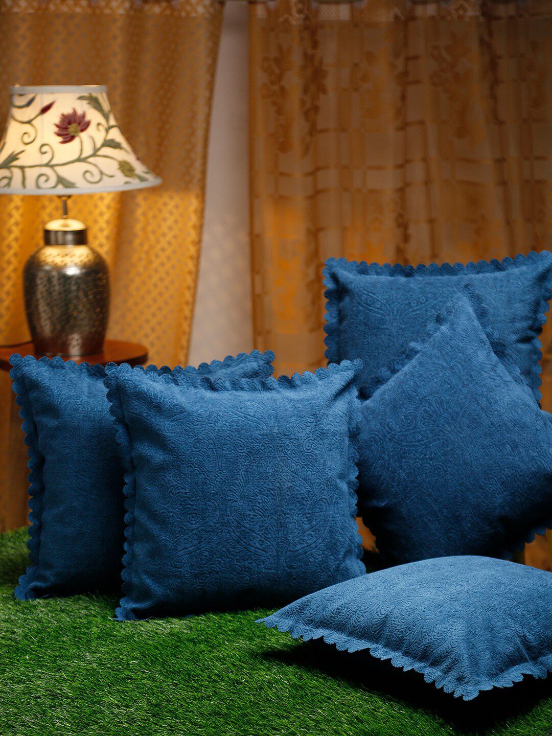 HOSTA HOMES Blue Set of 5 Velvet Square Cushion Covers Price in India