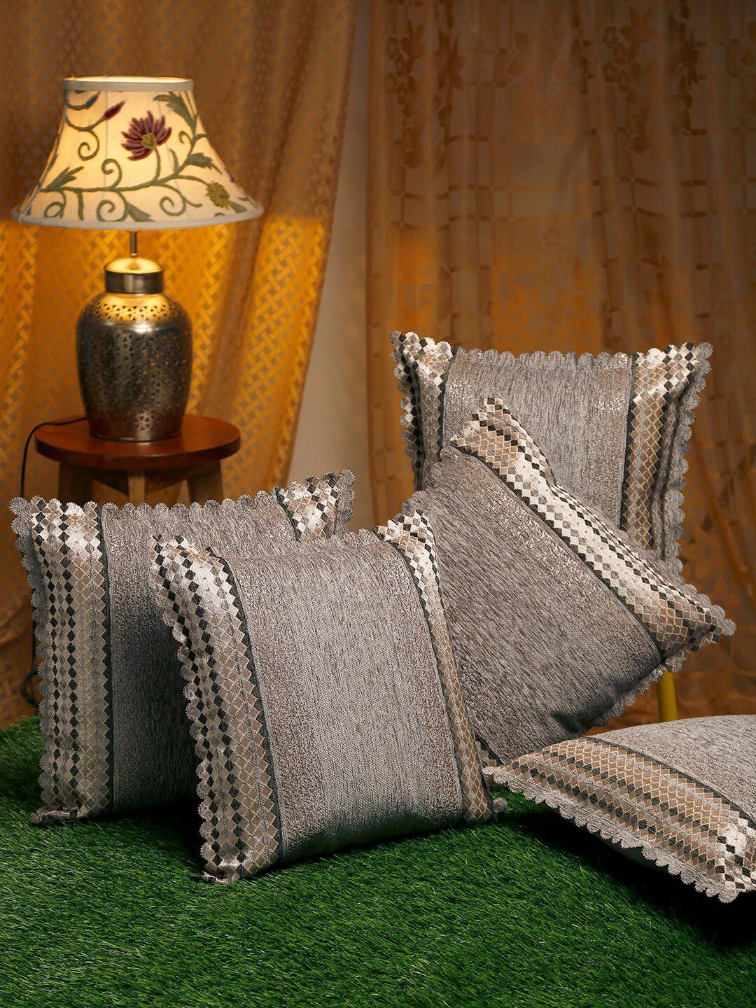 HOSTA HOMES Grey & Beige Set of 5 Velvet Square Cushion Covers Price in India