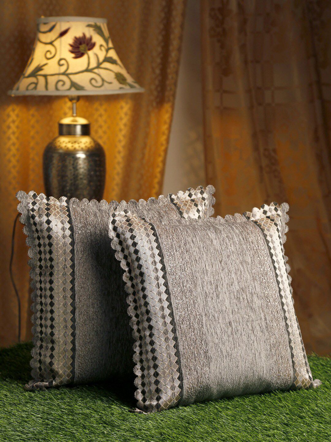 HOSTA HOMES Grey & Silver-Toned Set of 2 Velvet Square Cushion Covers Price in India