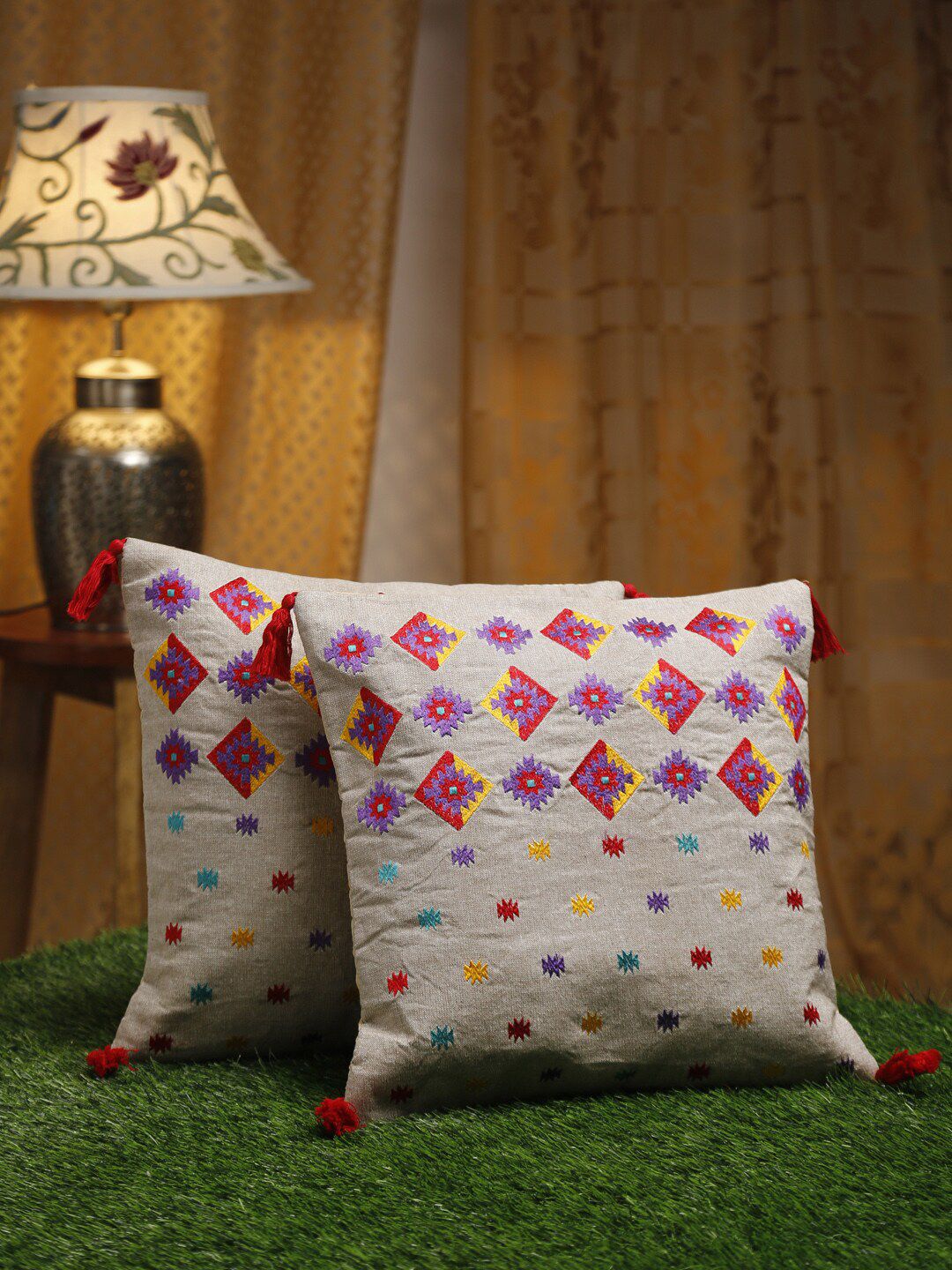 HOSTA HOMES Beige & Pink Set of 2 Pure Cotton Embroidered Square Cushion Covers Price in India
